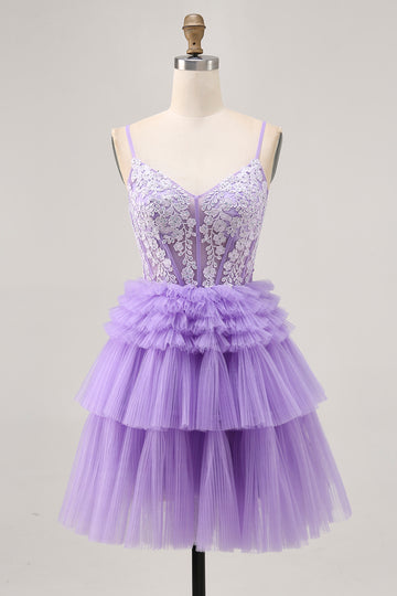 Off The Shoulder Lavender Beaded Tiered A Line Homecoming Dress